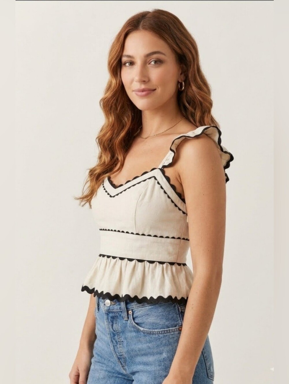 Japna Natural Cream Cotton Ruffle Peplum Crop Top Black Wavy Trim Medium